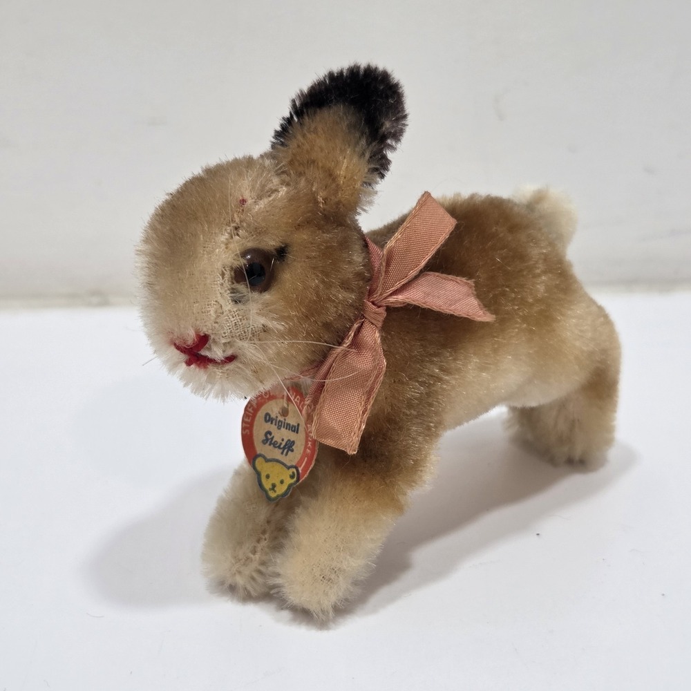 STEIFF Vintage JUMPING MOHAIR BUNNY RABBIT No BELL, FRONT TAG 4.25" GERMANY